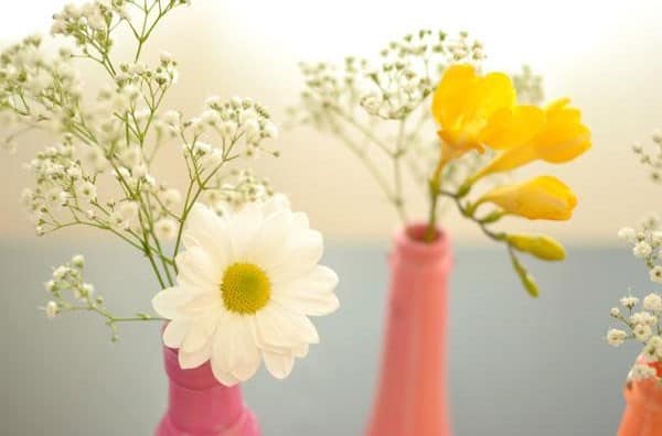 Вазы из бутылок можно украсить цветами