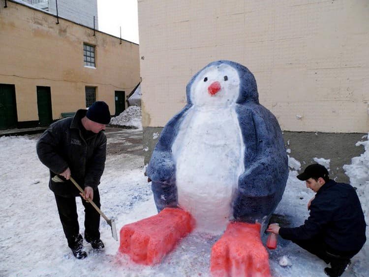 Лепим пингвина из снега - необычный снеговик