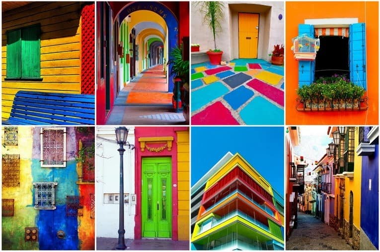 Разноцветный экстерьер: яркий фасад дома, стены, двери и окна фото