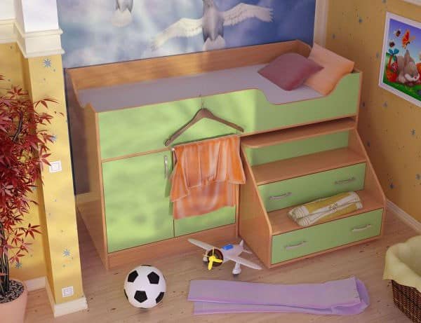Компактный детский уголок с кроватью, шкафом для одежды и ящиками