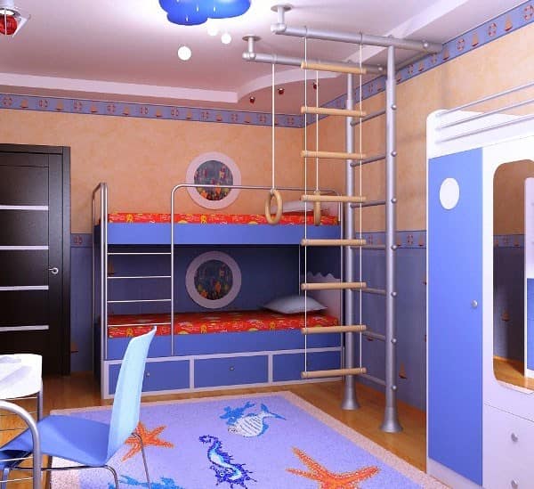 Спальное место и спортивный уголок для двух детей в однокомнатной квартире