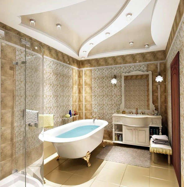 Потолок в ванной - конструкции из гипсокартона в интерьере