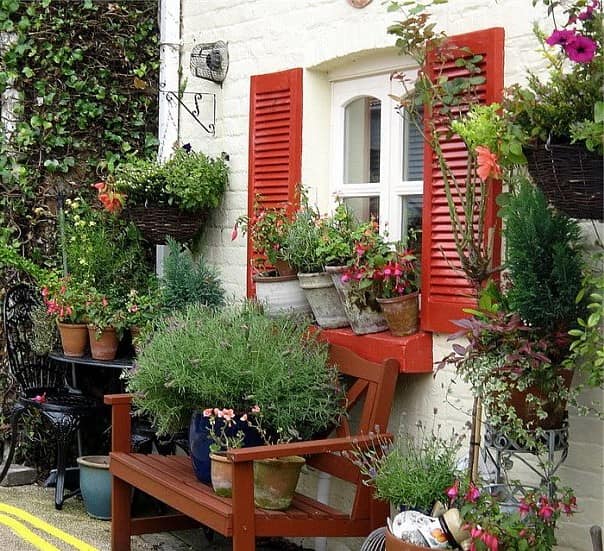 Европейский вариант сада в стиле кантри: цветы в горшках, белый дом с красными ставнями