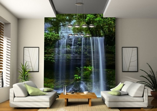 Фотообои с изображением воды и зелени как основной элемент эко-стиля