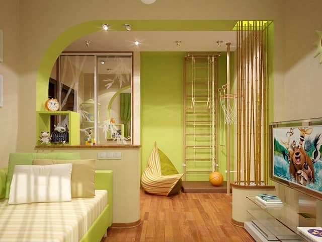 Деревянный спортивный детский уголок превосходно гармонирует с интерьером комнаты в эко-стиле