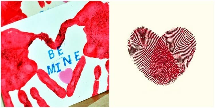 Отпечатки рук и пальцев в виде сердечка для открытки на день святого Валентина